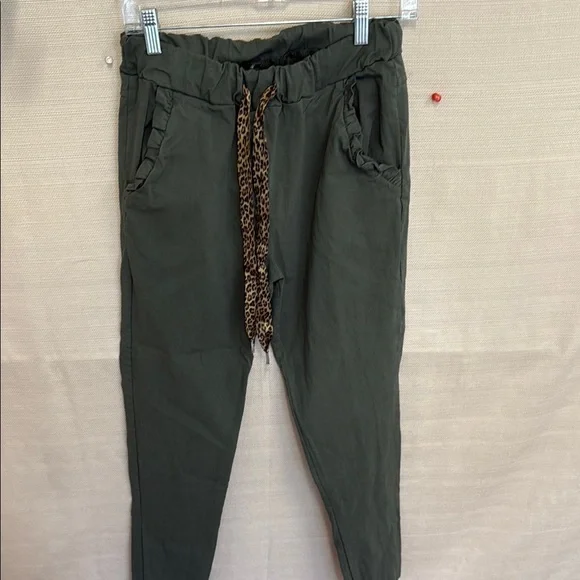 Olive Green Women's Pants with Leopard Print Tie - Picture 3 of 4